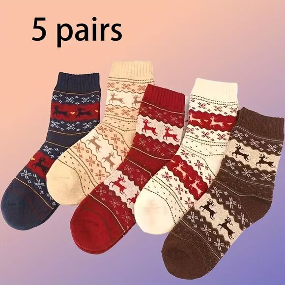 5 Pairs of Cozy Christmas Winter Reindeer Winter Socks NEW Warm Women's Mid-Calf - Picture 5 of 6
